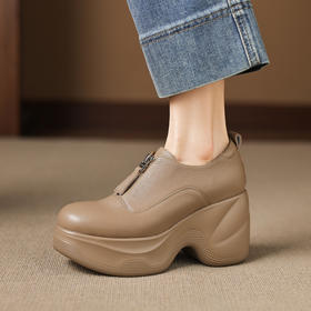 【预售5天】简约风小皮鞋秋冬新款厚底坡跟超高跟前拉链纯色深口单鞋NWS1&N9866