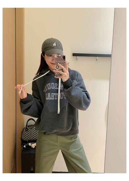 美式复古字母奥利绒数码印做旧连帽显瘦长袖卫衣 商品图1