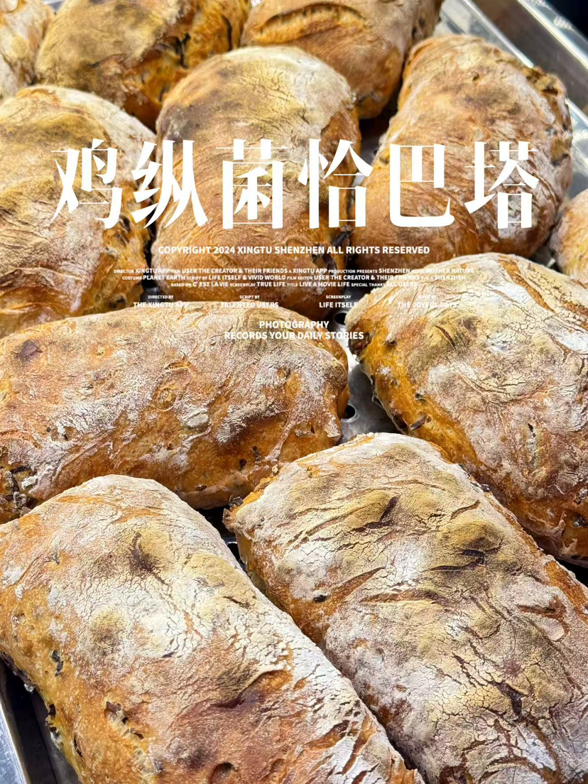 鸡枞菌恰巴塔（无油无糖无鸡蛋无牛奶版
鸡枞菌是云南的一种菌菇；咸香口带着一点点辣味儿的鸡枞菌和恰巴塔特有的胶质感面包体搭配在一起，真的会让人一口惊艳！！
“嗯？和想象中的味道不一样，好好吃啊！！）