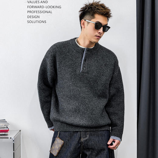 徐太浪【慵懒风 毛绒感】亨利领灰色毛衣男秋冬男装内搭针织上衣 商品图1