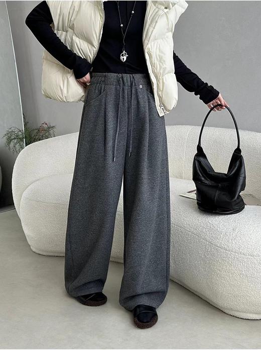 D110914加绒保暖毛呢直筒休闲裤女高腰抽绳宽松百搭呢子长裤 商品图1