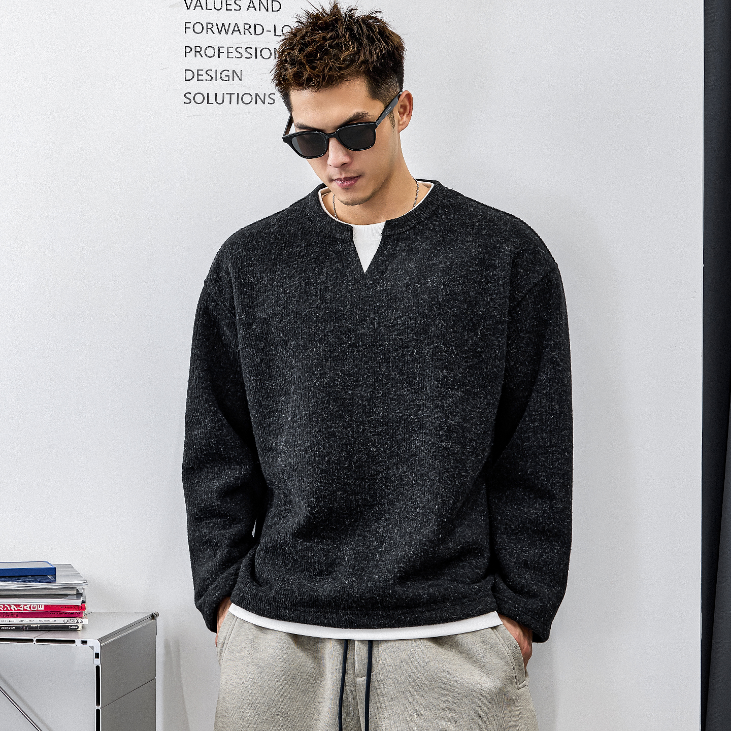 徐太浪【毛绒感 混纺保暖】黑色假两件毛衣男秋冬季通勤内搭上衣