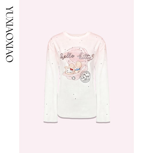 余潇潇【猫咪许愿池】时尚卡通印花渐变烫钻百搭宽松圆领长袖T恤 商品图4