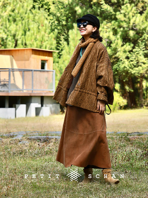 PETIT SCHAN小闪 CLO#954 The Wasteland 荒芜之境 棉羊毛手工染色真皮拼接外套厚短袍 商品图3