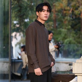 DRONKOO 2025 衬衫领小格肌理下摆皮标假两件中厚毛衣