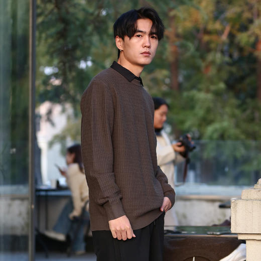 DRONKOO 2025 衬衫领小格肌理下摆皮标假两件中厚毛衣 商品图0