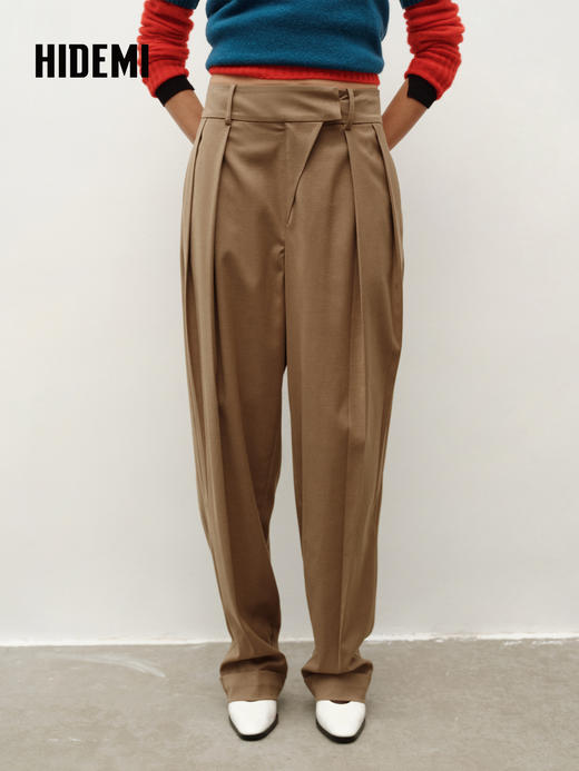 HIDEMI大秀款中高腰双褶立裁超显瘦款时装锥形裤卷边萝卜西裤长裤 商品图5