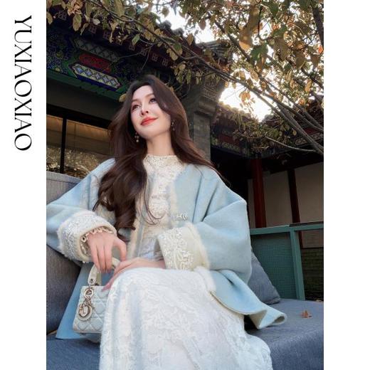 余潇潇【兰亭飞雪】国风古典羊毛混纺拼接水貂毛圆领宽松盘扣大衣 商品图4