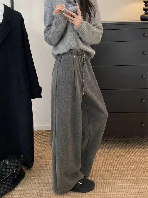 D110914加绒保暖毛呢直筒休闲裤女高腰抽绳宽松百搭呢子长裤 商品图3