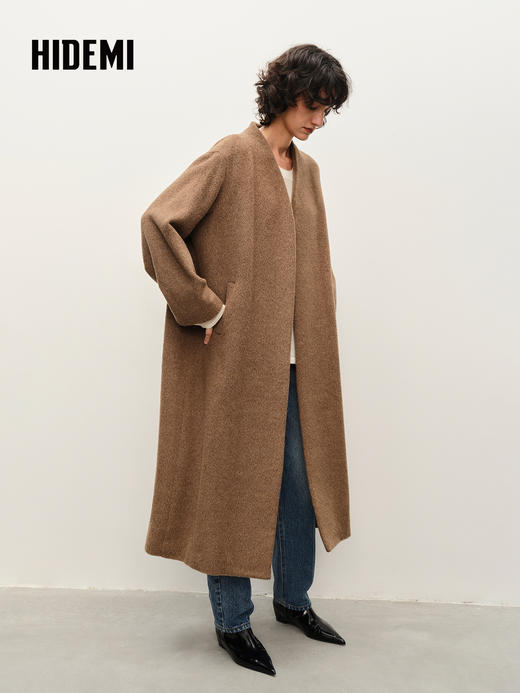 HIDEMI alpaca羊驼毛苏力烟草色长毛v领极简设计感大衣 长款/短款 商品图3