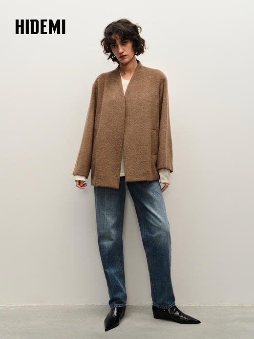 HIDEMI alpaca羊驼毛苏力烟草色长毛v领极简设计感大衣 长款/短款 商品图4