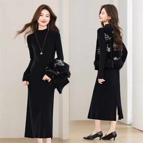 新中式加棉重工圆领毛毛，丝绒马甲款优雅两件套连衣裙HR-YBER620 商品图2