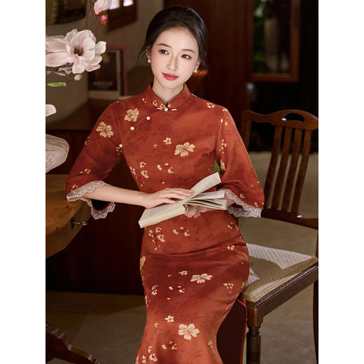 【秋雨】国风倒大袖新中式，长款改良中袖旗袍LSB4017 商品图4