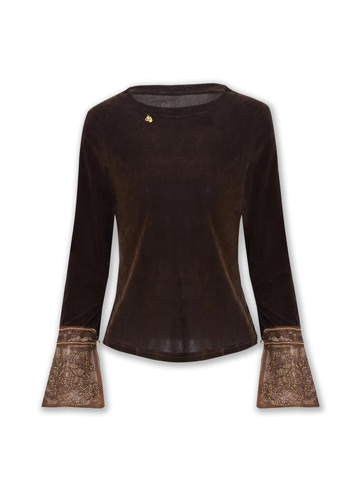 「高货wl」全新升级【铂金会员266/天猫359/差价93】(62649)洛诗琳复古别致丝绒打底衫2025重工钉珠刺绣欧根纱拼接上衣 商品图4