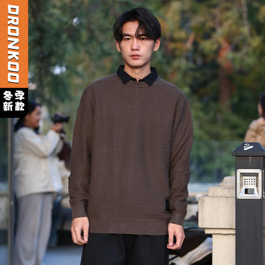 DRONKOO 2025 衬衫领小格肌理下摆皮标假两件中厚毛衣 商品图1