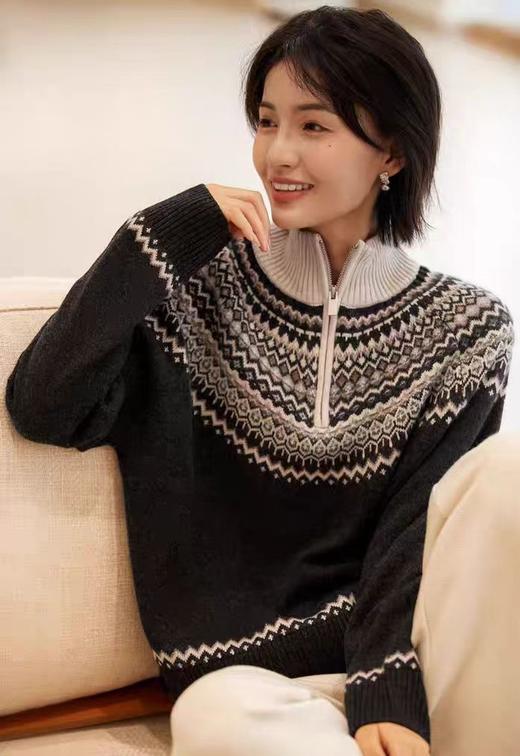 禾家同款冬日恋歌费尔岛羊毛混纺毛衣洋气提花半拉领率性毛衫 商品图11