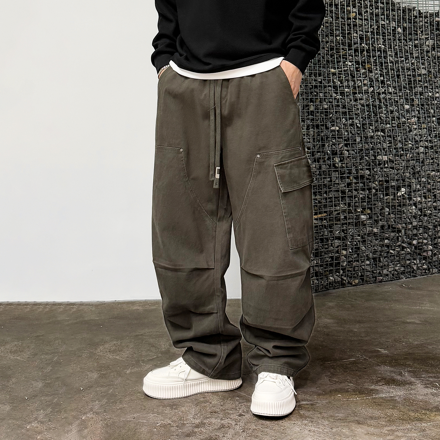 徐太浪【立体裁剪 拼接口袋】大码工装裤男秋冬款宽松直筒休闲裤