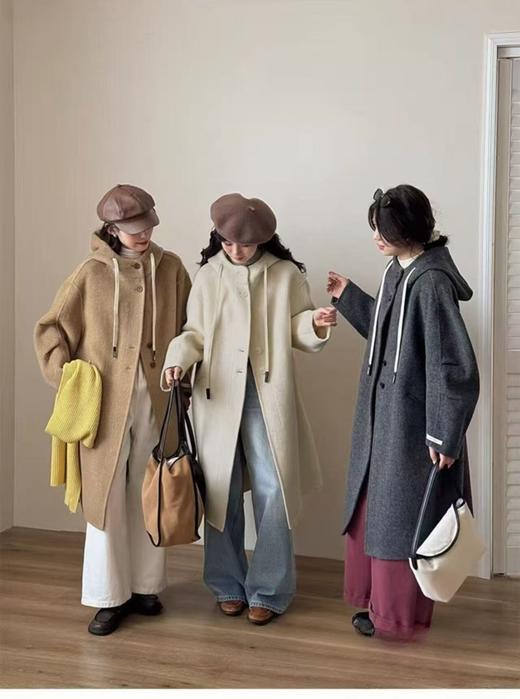 【轻奢双面尼】2513（100%澳洲超细羊毛）连帽休闲褶皱袖中长双面尼大衣-喜出 商品图0