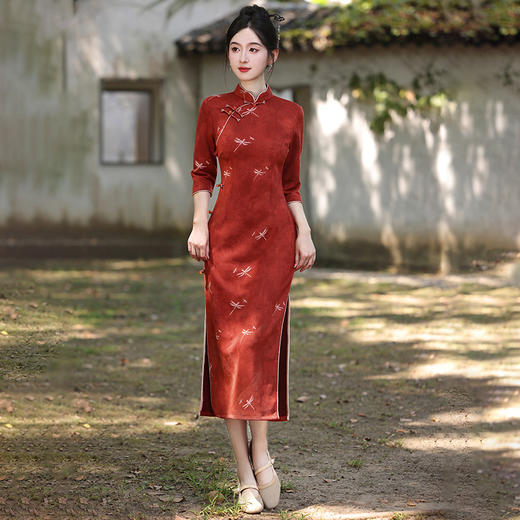 新中式国风订婚旗袍，长袖修身长款日常旗袍MLS7213 商品图0