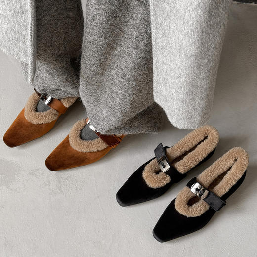 【预售5天】优雅天鹅绒~秋冬文艺复古风一字扣，带方头浅口羊毛内增高浅口玛丽珍单鞋WC&M3707 商品图0