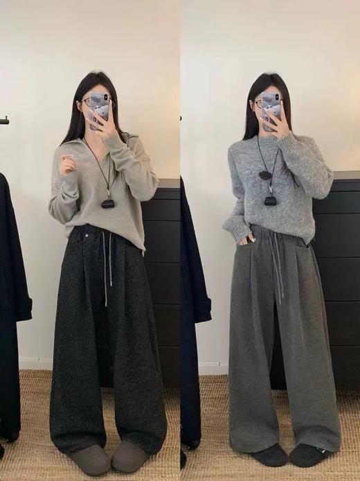 D110914加绒保暖毛呢直筒休闲裤女高腰抽绳宽松百搭呢子长裤 商品图7