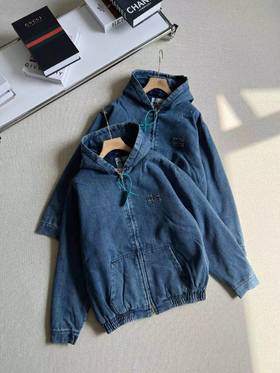 D110934新款贴布徽标字母水洗蓝男女情侣款牛仔连帽棉服