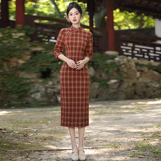 中国风日常改良旗袍，红色格子长袖旗袍文艺复复古年轻款MLS7217 商品图0