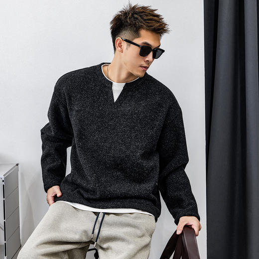 徐太浪【毛绒感 混纺保暖】黑色假两件毛衣男秋冬季通勤内搭上衣 商品图1