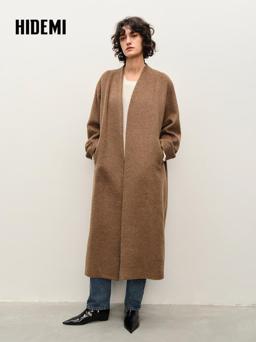 HIDEMI alpaca羊驼毛苏力烟草色长毛v领极简设计感大衣 长款/短款 商品图2