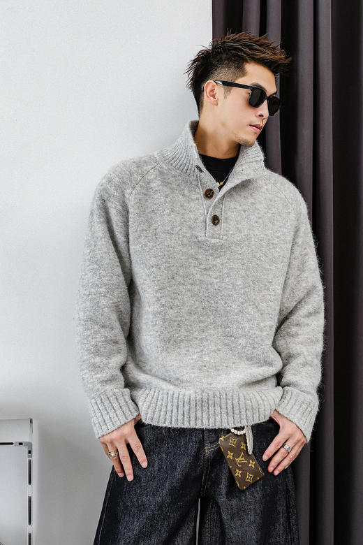 徐太浪【毛绒感 羊毛混纺】半开襟立领毛衣男秋冬保暖内搭打底衫 商品图4