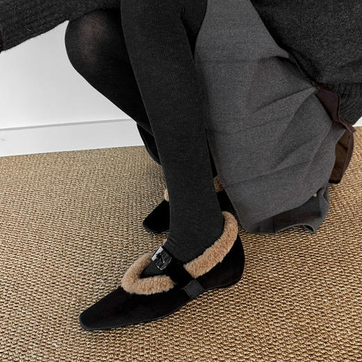 【预售5天】优雅天鹅绒~秋冬文艺复古风一字扣，带方头浅口羊毛内增高浅口玛丽珍单鞋WC&M3707 商品图3