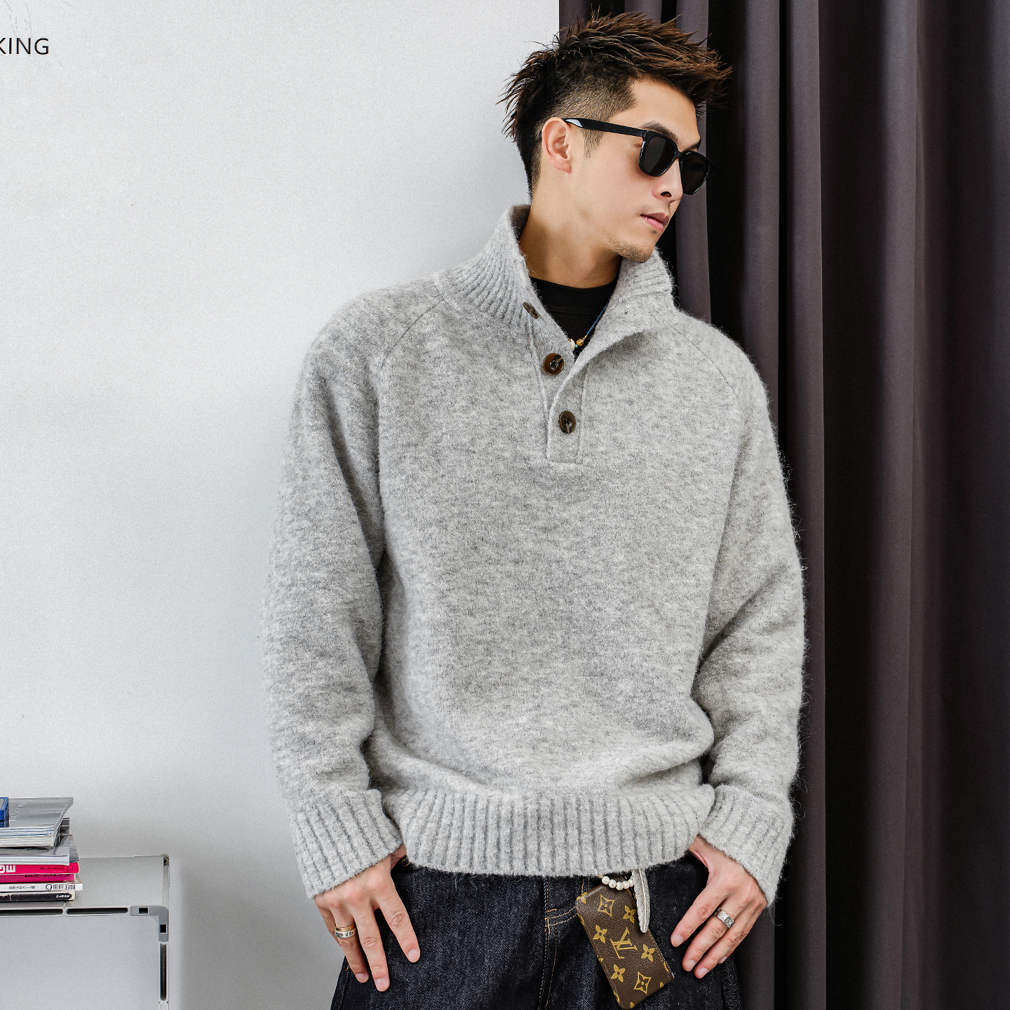 徐太浪【毛绒感 羊毛混纺】半开襟立领毛衣男秋冬保暖内搭打底衫