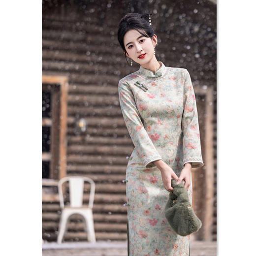 复古中国风长款加绒长袖旗袍，日常修身保暖旗袍GX-211112 商品图1