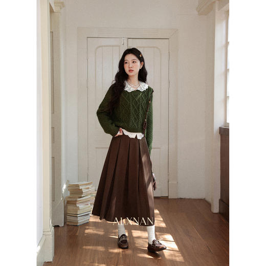 鹿向南「布拉格书店」高腰咖色半身裙女秋新款垂感显瘦长款百褶裙 商品图1