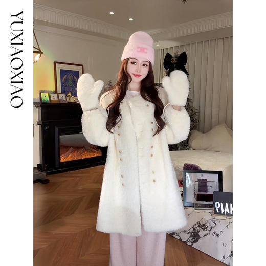 余潇潇【初雪密语】精致高级感双排金属扣圆领中长款外套配本布手套 商品图3