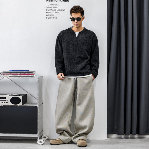 徐太浪【毛绒感 混纺保暖】黑色假两件毛衣男秋冬季通勤内搭上衣 商品图3