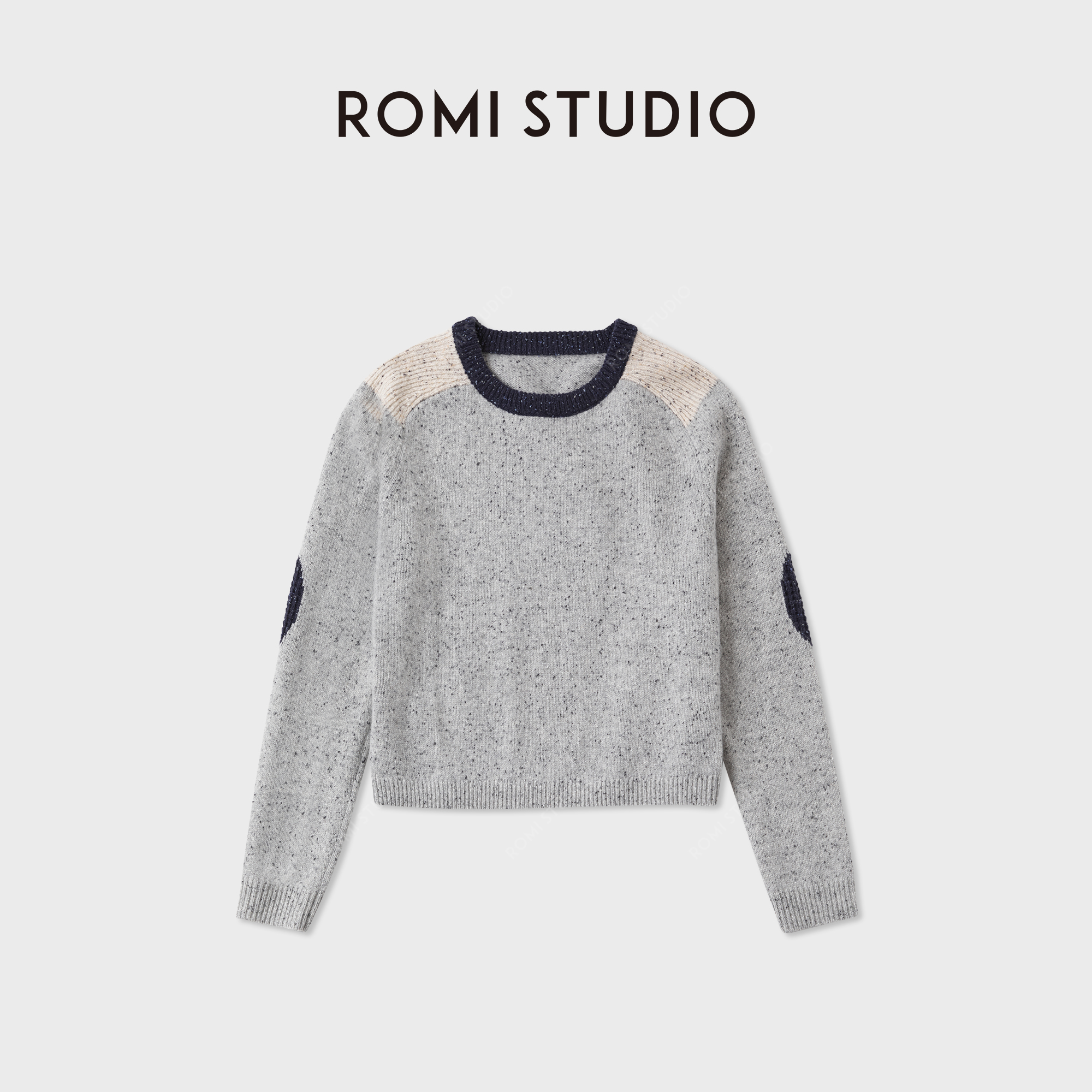 ROMI STUDIO“自在松弛 ”粗针羊毛圆领撞色休闲套头毛衣RWCASZ5668