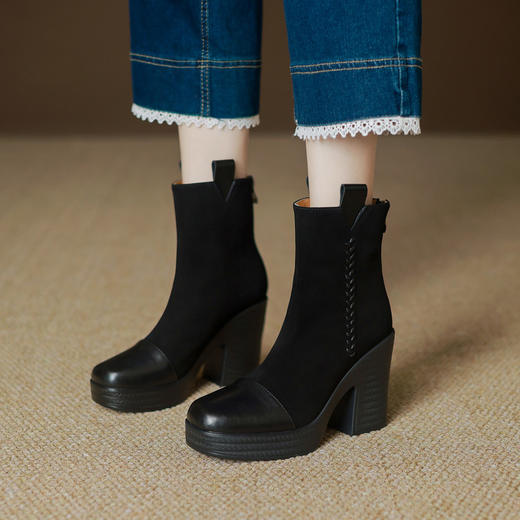 【预售5天】超高跟粗跟厚底防水台短靴女后拉链秋冬新款加绒马丁靴ZMXY&ZM61007 商品图2