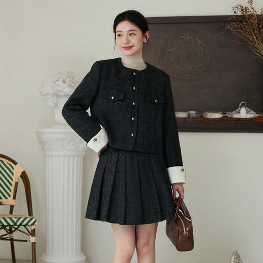 奢姿大码女装小香风套装秋冬胖妹妹时尚通勤短款西装外套半裙套装9954953885 商品图3