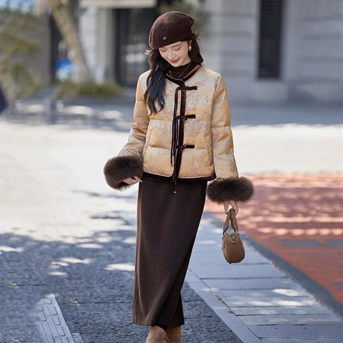 圆领提花料新中式，真狐狸毛袖短款女式羽绒服HR-SYY2693 商品图4