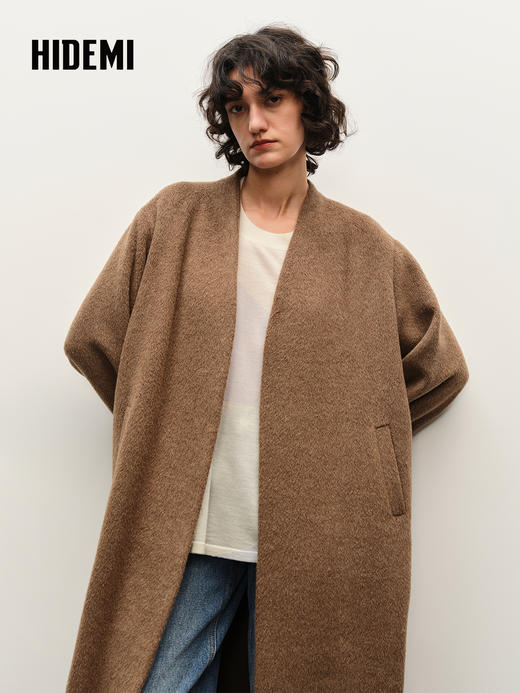 HIDEMI alpaca羊驼毛苏力烟草色长毛v领极简设计感大衣 长款/短款 商品图1