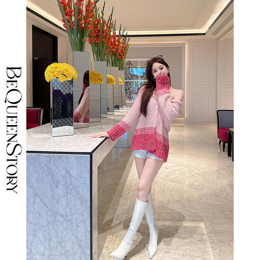 【孤品样衣，不退不换】【甜桃玛德琳】高定马海毛含超细羊毛编织撞色针织帽衫 商品图2