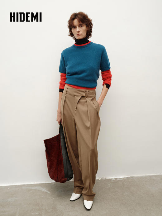 HIDEMI大秀款中高腰双褶立裁超显瘦款时装锥形裤卷边萝卜西裤长裤 商品图7