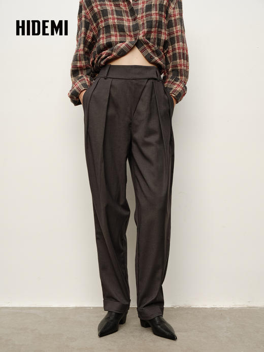 HIDEMI大秀款中高腰双褶立裁超显瘦款时装锥形裤卷边萝卜西裤长裤 商品图3