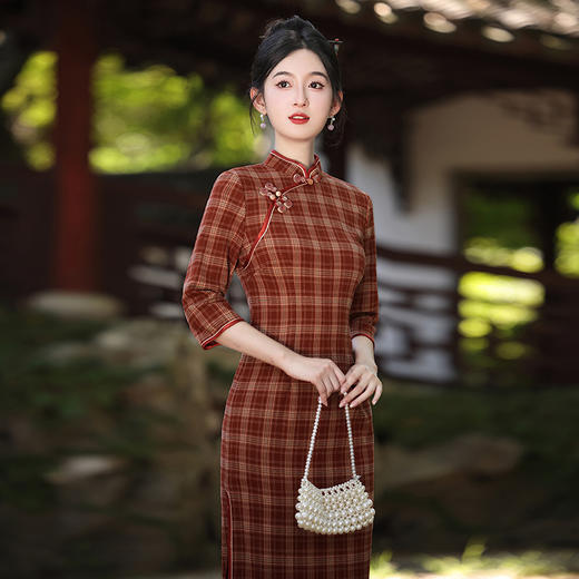 中国风日常改良旗袍，红色格子长袖旗袍文艺复复古年轻款MLS7217 商品图2