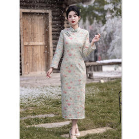 复古中国风长款加绒长袖旗袍，日常修身保暖旗袍GX-211112