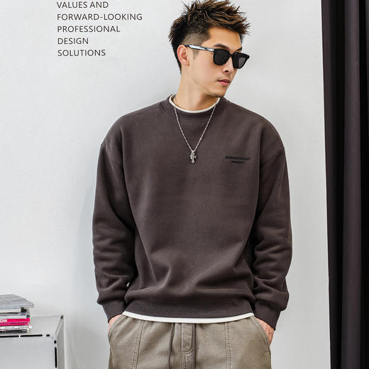 徐太浪【字母印花 帅气大码】灰色加绒卫衣男秋冬内搭打底衫上衣 商品图0