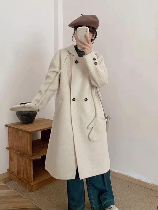 赠送手套【轻奢双面尼】2520（羊毛➕天丝）韩系氛围感长款双面尼连帽大衣外套-喜出 商品图3