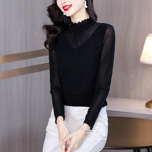 KQL C302N1728加绒加厚蕾丝网纱荷叶边修身洋气高领打底衫 商品图3