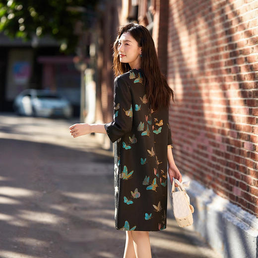 丁摩 76004新款轻奢织金螺钿晴春蝶戏圆领丝毛连衣裙七分袖早秋5ZF-11109 商品图3